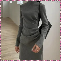 送料無料 ミニ丈ギャザーワンピースハイネック韓国風 微起毛ワンピース秋冬 きれいめワンピースレディース 暖かいワンピースあったか 細見えワンピースおしゃれ タックワンピース シンプルワンピース OLスタイル通勤服 大人ワンピース長袖