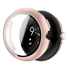 YUGYUG 対応 Google Pixel Watch 3 ケース PC素材 一体型 ピクセルウォッチ3 カバー 超薄型 高透過率 二重構造 全面保護 キズ防止 軽量 強化ガラス 防滴 防塵(45mm,ピンク)