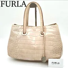 【良品】FURLA ハンドバッグ クロコ型押し フォーマル シンプル ベージュ