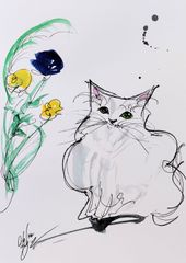 原画#373 猫 花 水彩画 ドローイング アート インテリア イラスト 絵