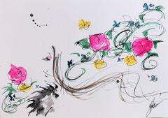 原画#376 黒猫 猫 薔薇 花 水彩画 ドローイング 絵 イラスト