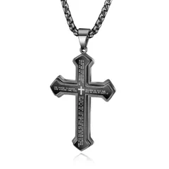 刻印 クロスペンダント アンティーク お守り シンプル ステンレスチェーン 大きい十字架 メンズ 十字架 黒 ブラックネックレス ブランド (黒) 人気 Rockyu