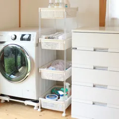 ランドリーバスケット バスケットワゴン 4段 ワイドタイプ キャスター付 （ ランドリーワゴン ランドリー バスケット 収納 キャスター付き 日本製 洗濯カゴ 脱衣カゴ ランドリー収納 組立て簡単 キャスター 隙間収納 ホワイト ）)