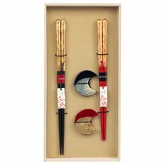 夫婦箸 一双 瑞雲＆箸置暁月2P （ 日本製 天然木 箸 箸置き ギフト セット 桐箱入り おしゃれ 和柄 金箔 ペア箸 ギフト箸 お箸 はし ハシ すべり止め加工 箸おき はし置き はしおき ）)