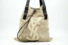 イヴ サンローラン カハラ ショルダーバッグ トート YSL 巾着 レザーハンドル マチ無し キャンバス ベージュ Yves Saint Laurent 5450h