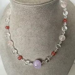 天然石★スイショウ＆アメジスト他★パールネックレス★ハンドメイド★ファッション★デザイン★ネックレス