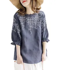 tシャツ プルオーバー 花柄 カットソー チュニック ギャザー トップス リネンシャツ フリル フレア ブラウス チャイナ とろみ 夏服 レディース 刺繍 綿麻 カジュアル シャツ パフスリーブ 半袖 ボリューム袖 [DYIOPMFGZ] ゆったり 夏