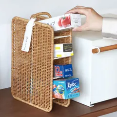 ラップホルダー ユティル ラップストッカー かご編み （ ラップスタンド ラップ収納 4段 縦型 タワー かご ラタン風 置き型 アルミホイル収納 ラップ アルミホイル オーブンシート クッキングシート すき間収納 北欧風 ナチュラル ）)のサムネイル