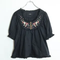 【美品】ピンクハウス★イチゴ刺繍&レースのフリル♪半袖ローンブラウス 黒系 無地 薄手 z18065