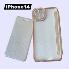 iPhone14 ラインストーン カメラ保護 手帳型ケース クリアゴールド