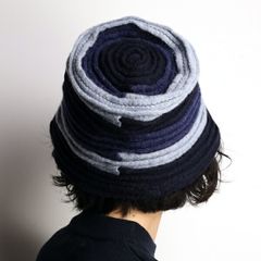 ハンドメイド 手編み クロシェ バケハ ブルー 青 ミックス ニット 帽子