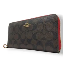 【美品】コーチ COACH シグネチャー 長財布 ラウンドファスナー ロングウォレット PVC レザー ブラウン 茶色 レッド 赤 バイカラー アコーディオン ゴールド金具 C4452 軽量 大容量 メンズ レディース w1