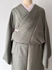 紬袷着物　お野菜柄　深緑　裄64