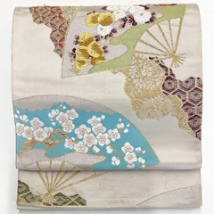 ［7031］袋帯 扇万寿菊花文様 シルバー 六通 正絹 着物 フォーマル