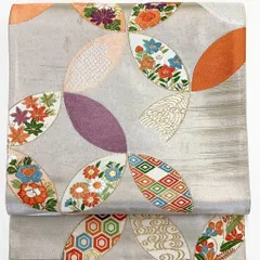 ［7033］袋帯 草花七宝文様 シルバー 六通 正絹 着物 フォーマル