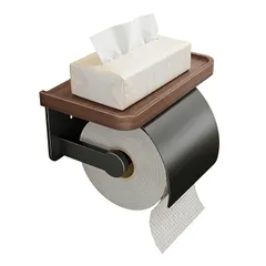 トイレ 木製 バスルーム 収納棚 簡単取り付け スマホ置き場 北欧風 耐荷重10kg ドリル不要 飾り棚 木目 防水 アイアン 棚付き 防錆 天然木ウォールナット 穴開け不要 (ブラック) 天板付き トイレットペーパーホルダー