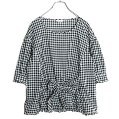 【美品】インゲボルグ★ふんわり半袖ブラウス 黒×白系 ギンガムチェック シアー感♪薄手 z18073 美品】インゲボルグ 半袖ブラウス ギンガムチェック 金ボタン おまけ