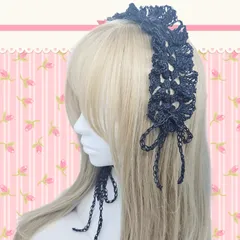 ハンドメイド　ヘッドドレス　カチューシャ　フリル　リボン　ブラック　コットン　レース糸　ロリータ　ゴスロリ　姫系　手編み　編み物