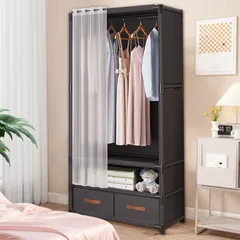 ワードローブ 簡易ポータブル組立クローゼット カバー付き ドアカーテン付き 多機能 ハンガーラック 不織布クローゼット 防水 防塵 耐用 幅 71× 奥行き 45× 高さ 165.5 センチ（ブラック）日本語取扱説明書