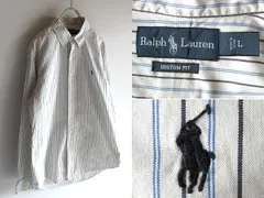 希少 00sビンテージ Ralph Lauren ラルフローレン CUSTOM FIT ポロポニーロゴ刺繍 ストライプ BDシャツ L ホワイト ブルー 白青