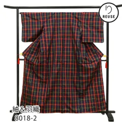 アンサンブル 着物＆羽織セット 正絹 リユース 中古 紺×赤 チェック柄 8018-2 街着 カジュアル着物 お出かけ