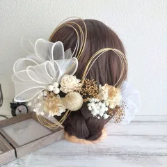 髪飾り＊成人式 卒業式 結婚式 ウェディング 振袖 袴 和装 前撮り~ボリュームリボン ダリア アップヘア シニヨン~ホワイトゴールド 金 白 20本