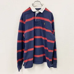 古着 used　Polo by Ralph Lauren　ラルフローレン　CUSTOM FIT　ラガーシャツ　長袖ポロシャツ　ボーダー柄　レッド　ネイビー　XLサイズ【値引き交渉OK！】
