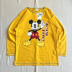 希少　未使用タグ付　dead stock　韓国モデル　Disney　MICKEY＆FRIENDS　指差しミッキー　キャラクター　デカロゴプリント　ロングスリーブTシャツ　ロンT　イエロー　ブルーステッチ　Y2K　アメカジ　logo print L/S tee
