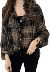 toasoa トーアソーア チェック シャツ レディース トップス 長袖 前開き シフォン とろみ ブラウス 黒 (黒,  L)