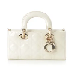 クリスチャンディオール Lady D-Joy レディ ディージョイ スモール パテントレザー 2WAY ショルダー ハンドバッグ ホワイト【中古】