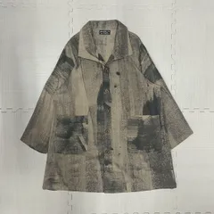 ZHANG JIE ART DESIGN ボタンダウンシャツ ブラッシュストローク 抽象パターン ベージュ ダークグレー パッチポケット2つ 綿100% リラックスフィット vintage