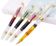 【在庫セール】Yongsheng 万年筆 細字 Fine 透明軸 ゴールドトリム スクリュー式 矢印クリップ（4個セット）