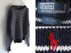 希少 90sビンテージ Polo by Ralph Lauren ラルフローレン ポロポニーロゴ刺繍 ボーダー コットンニット セーター L-XL程度 ネイビー 紺 白