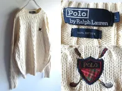 希少 90sビンテージ Polo by Ralph Lauren ラルフローレン ロゴ刺繍 コットンニット ケーブルニット セーター L エクリュ RN41381 USA企画