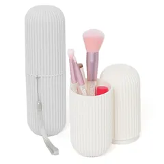 【特価商品】アストロ メイクブラシケース ホワイト・グレー 2個セット 携帯用 歯ブラシケース ペンケース ブラシスタンド ストラップ付き 730-27