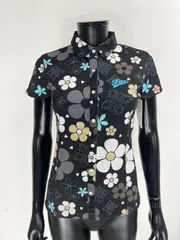 【USED】FILA フィラ ポリエステル 半袖 ポロシャツ ロゴ刺繍 花柄 ブラック 黒 レディース M ゴルフウェア