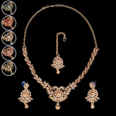 〔各色あり〕インドアクセサリー3点セット〔ネックレス、ピアス、ティッカ〕　パーティーや結婚式などへ / ネックレス ピア