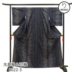 大島紬アンサンブル  正絹 リユース 中古 羽織セット 紺地 縦縞植物文様 8022-3 お洒落着 街着 レトロ