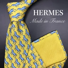 【美品】HERMES エルメス ネクタイ 馬 小紋柄 マスタード色 黄 イエロー