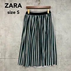 ZARA BASIC ザラ ストライプ プリーツ スカート ロング ミモレ丈 グリーン系 ウエストゴム 楽ちん 縦縞 ライン 裏地あり 光沢 サテン Aライン フレア きれいめ カジュアル オフィス 通勤 通学 お出かけ おしゃれ 個性的 ★ ■◇