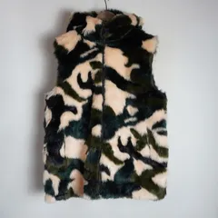 美品 Desigual デシグアル エコファー 迷彩 ベスト フード付き ジップアップ ハイネック 21WWEWAD カモフラージュ 総柄 XL 760Q★4