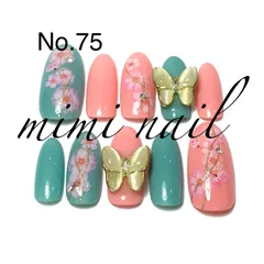 No.75 水色＆ピンクゴールド蝶パーツ桜ネイルチップ ハンドメイド ロング ジェルコート済 春ネイル  蝶ネイル