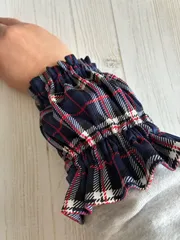 47)アームカバー　袖口カバー　ハンドメイド　ショート丈　アームシュシュ　タータンチェック柄　ネイビー