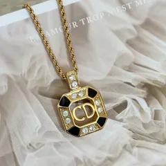 【極美品】クリスチャンディオール ネックレス CDロゴ GPメッキ ラインストーン ゴールド ブラック アクセサリー Christian Dior Vintage Rhinestone Necklace Gold Black Accessories 22369