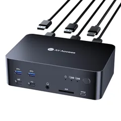 (デスクトップのみ) AV アクセス KVM スイッチ 3 台のモニター、2 台のコンピューター 8K@60Hz、6 本の DP ケーブル、DisplayPort 2.0、1G イーサネット、USB 3.0、ドッキング ステーション トリプル モニタ ...