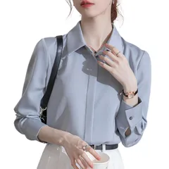 [LASTOS] シャツ レディース 無地 長袖 トップス ブラウス オフィス 通勤 シンプル ゆったり 事務服 (M, ライトブルー) [ライトブルー] [M]