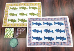 ランチョンマット 2枚セット インド綿100% コースター3枚付き フィッシュ柄 エスニック テーブルコーデ D