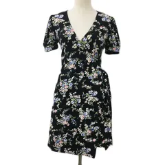 バックステージ BACK STAGE ワンピース フレア ミニ 花柄 リボン カシュクール マルチカラー パフスリーブ 半袖 XS 黒 白 ブラック ホワイト