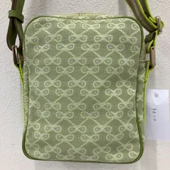 9810　ANYA HINDMARCH　アニヤハインドマーチ　 ショルダーバッグ　斜めがけ　紐調節可能　 リボン　総柄　グリーン系　黃緑　キャンバス　 レディース