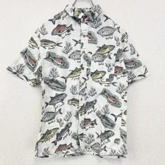 古着 used　Croft&Barrow　半袖プリント総柄シャツ　レトロデザイン　魚　アロハ　胸ポケット　白　ホワイト　【値引き交渉OK！】